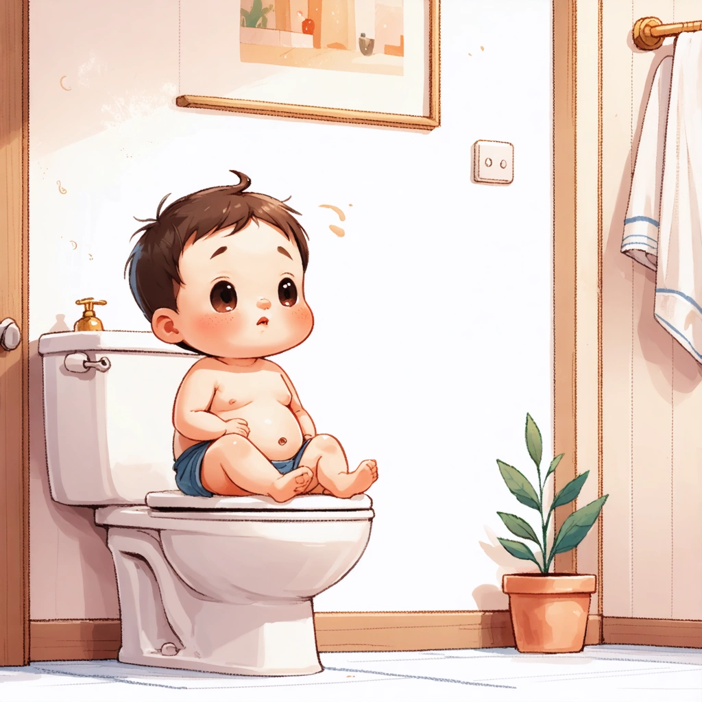 Un enfant assis sur les toilettes, l'air pensif, avec un ventre légèrement gonflé, dans une salle de bain chaleureuse et rassurante.