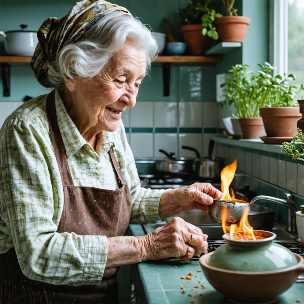 Mamie Colette soigne une cloque de brûlure avec du gel d'aloe vera dans sa cuisine.