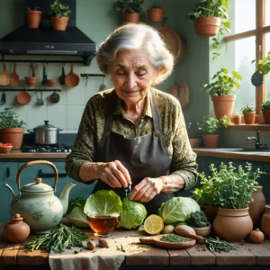 Mamie Colette prépare des remèdes de grand-mère avec des plantes et prend soin des jambes fatiguées d'un proche.