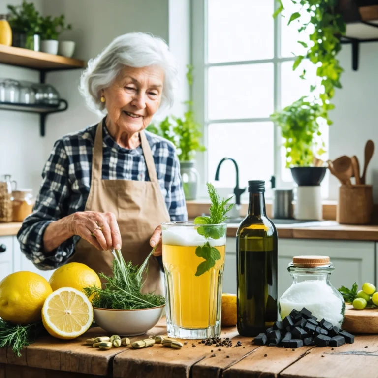 Mamie Colette prépare des remèdes naturels sur la table d’une cuisine chaleureuse pour soulager le ventre gonflé.