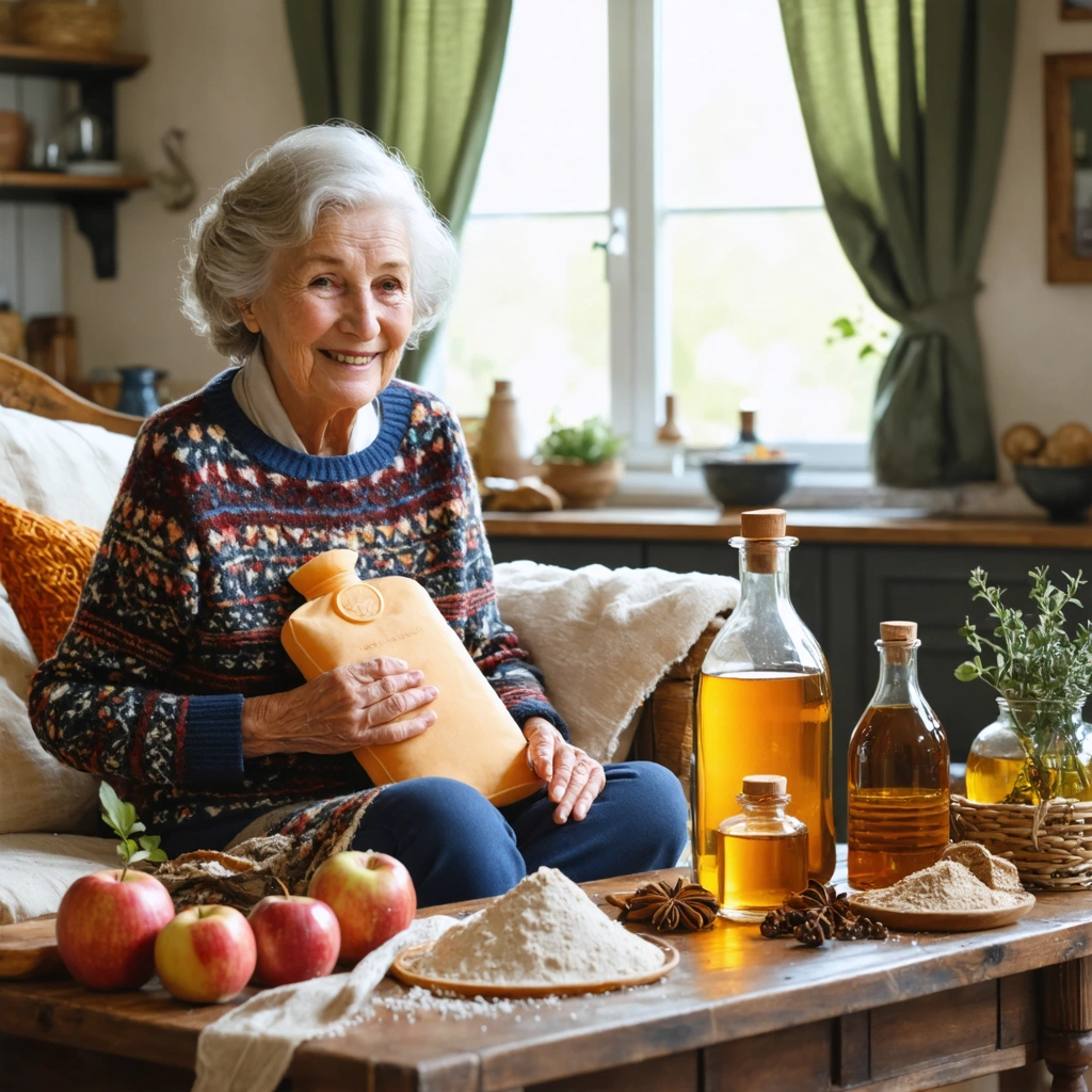 Mamie assise avec une bouillotte sur la hanche, entourée de remèdes naturels comme du vinaigre de cidre, du miel et de l'argile verte sur une table.