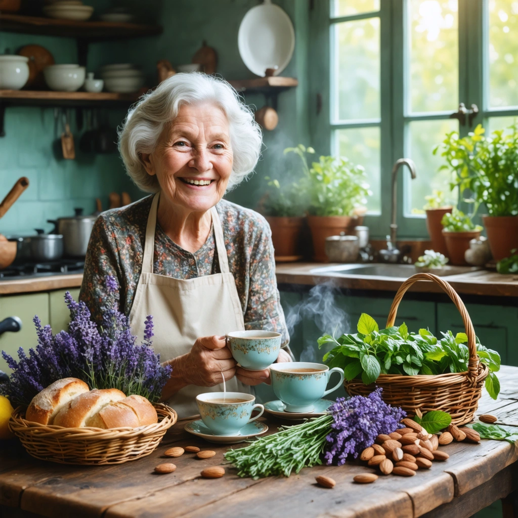 Mamie Colette prépare une tisane anti-stress avec des herbes fraîches, assise dans sa cuisine, entourée de produits naturels et d’une ambiance chaleureuse.