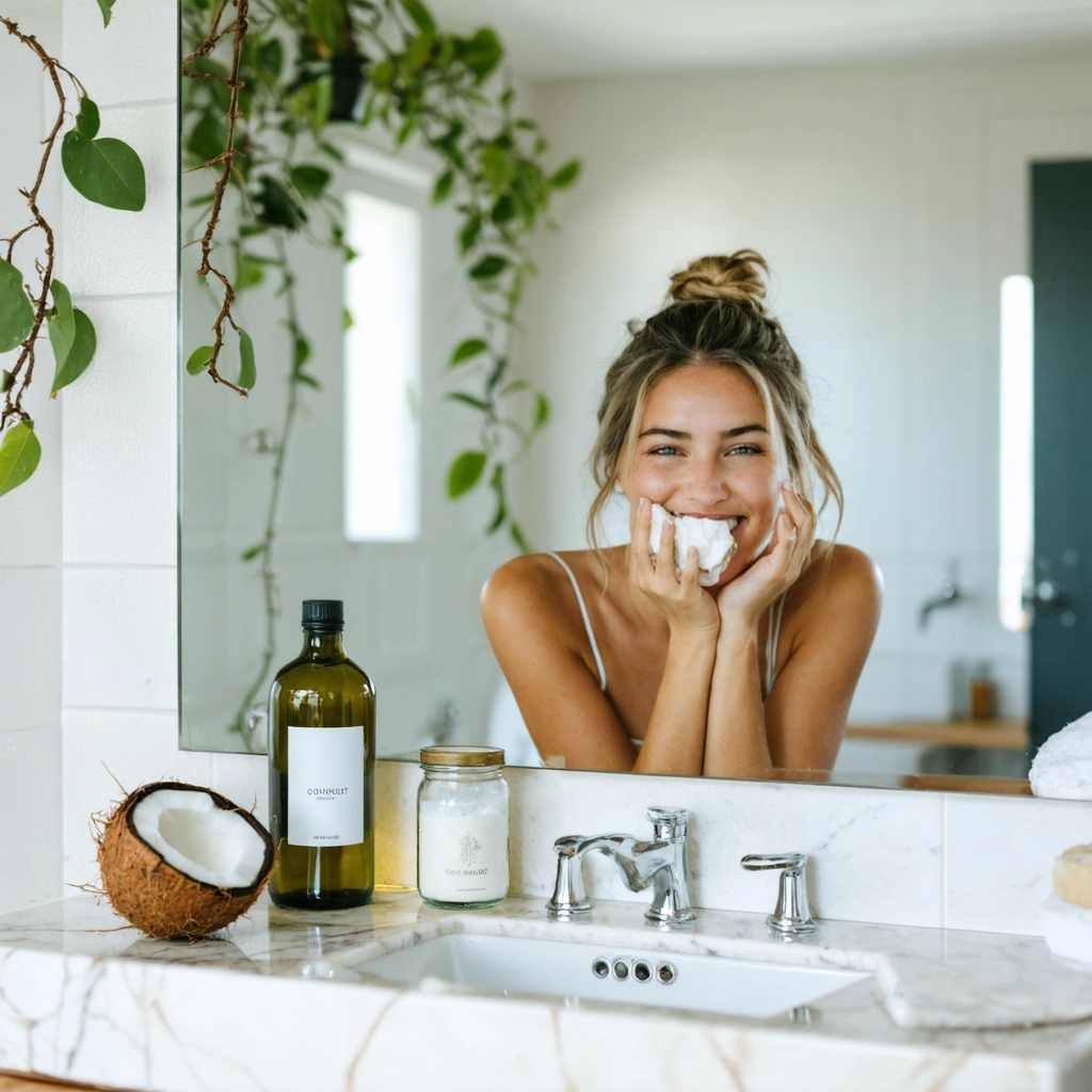Une jeune femme fait un bain de bouche avec de l’huile de coco devant un miroir, avec des pots d’huile de coco et d’olive posés sur le lavabo dans une salle de bain lumineuse.