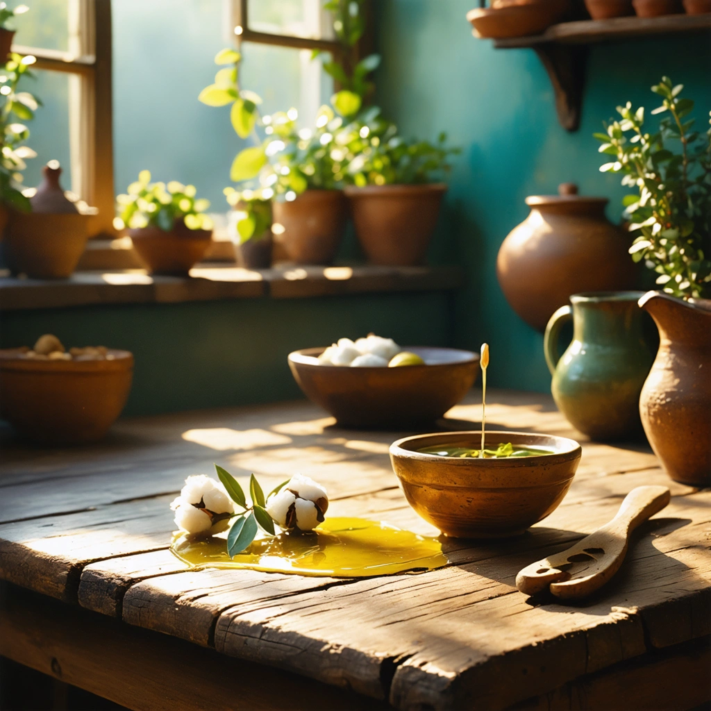 Une table rustique sur laquelle repose un petit bol d'huile d'olive dorée et un coton-tige, avec une lumière chaleureuse rappelant l'ambiance d'une cuisine de grand-mère méditerranéenne.