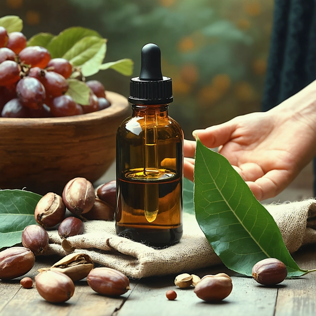 Bouteille d'huile de ricin avec un compte-gouttes, posée à côté de graines de ricin, d'un linge chaud et de feuilles vertes, dans une ambiance vintage rappelant la maison d'une grand-mère.