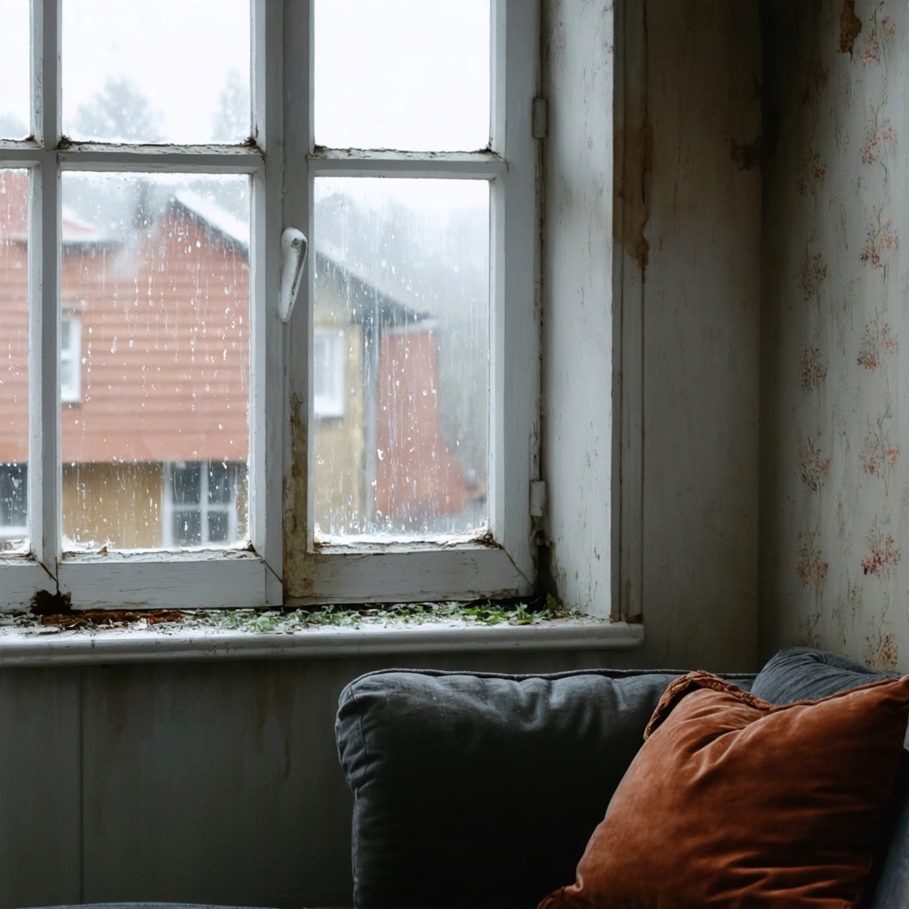 Un coin de salon montrant des signes d'humidité comme des taches de moisissure sur les murs, de la buée sur les vitres et du papier peint décollé.