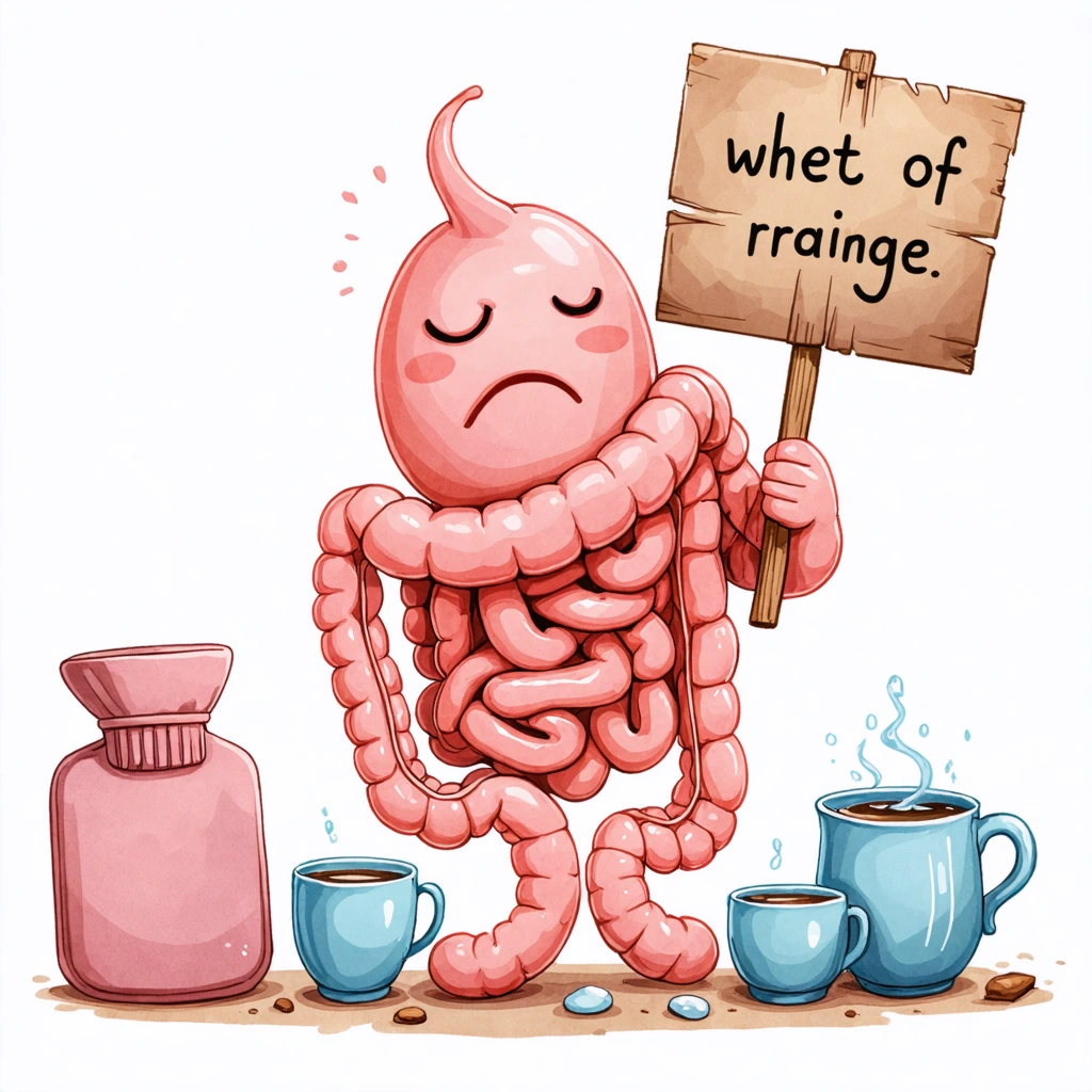 Illustration d'un intestin avec un visage triste tenant une pancarte de protestation, entouré d'une bouillotte et de tasses d'eau chaude, dans une ambiance douce et rassurante.