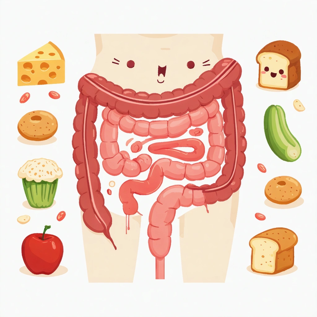 Illustration amusante des intestins dans un ventre humain, avec des zones rouges montrant une inflammation légère et entourés d’aliments comme du fromage, du pain et des légumes, dans un style doux et rassurant.