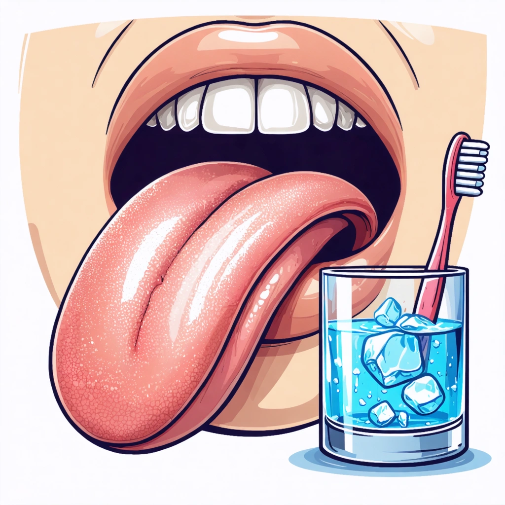 Illustration détaillée d'une langue blanche dans une bouche ouverte, avec une brosse à dents et un verre d'eau en arrière-plan pour suggérer les causes comme l'hygiène buccale et la déshydratation.