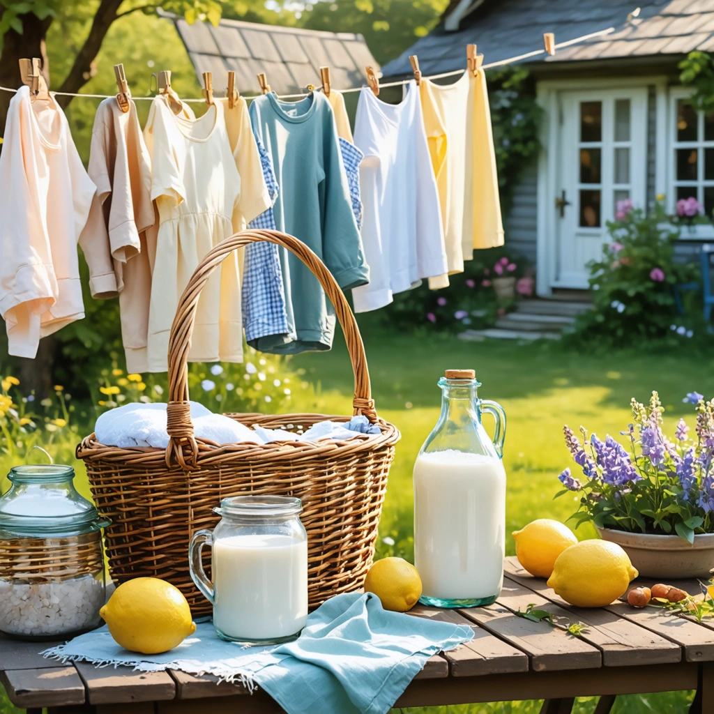Panier de linge propre et coloré avec des remèdes naturels comme du vinaigre, du bicarbonate, du citron, du sel et du lait, devant un jardin ensoleillé.