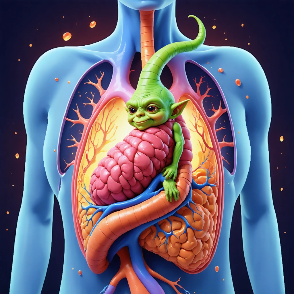 Un petit lutin malicieux assis dans des bronches humaines enflammées, entouré de mucus et d'une lumière rougeâtre, illustrant de façon amusante la bronchite.