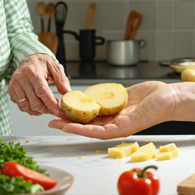 Une main légèrement brûlée recevant une protection avec une tranche de pomme de terre appliquée par les mains âgées d'une mamie, sur une table de cuisine.