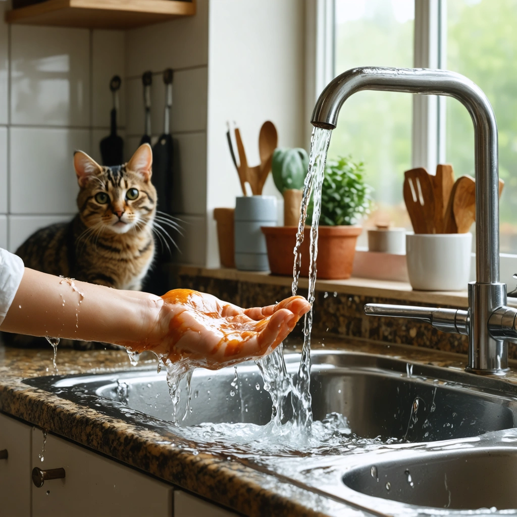 Une personne passe sa main brûlée sous l’eau froide au robinet de la cuisine, pendant qu’un chat les observe curieusement en arrière-plan.