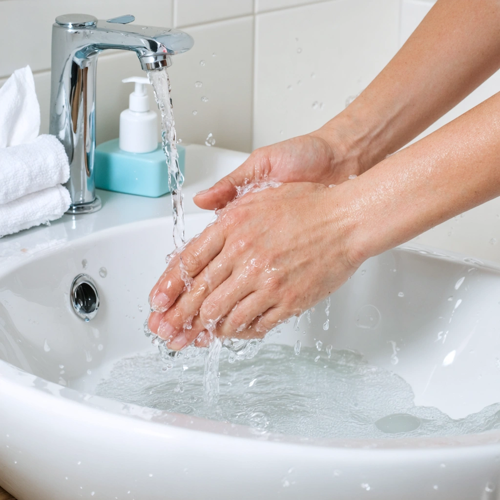 Mains propres en train d’être lavées avec soin au-dessus d’un lavabo, à côté d’une boîte de mouchoirs et d’une compresse pour illustrer l’hygiène dans une salle de bain lumineuse.