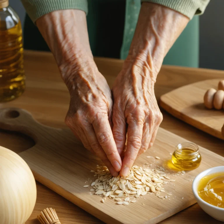 Gros plan sur des mains âgées appliquant un masque naturel maison à base d'huile d'olive, de miel et d'avoine sur une table en bois, ambiance chaleureuse de cuisine.