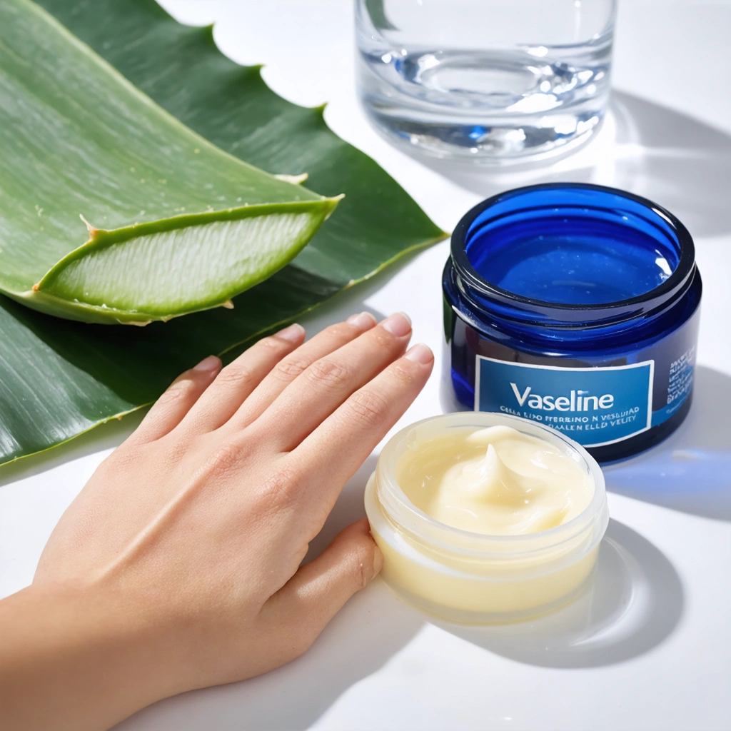 Une main avec une peau en bonne santé près d'un pot ouvert de vaseline, accompagnée discrètement d'une feuille d'aloe vera et d'un verre d'eau pour illustrer les soins après brûlure.