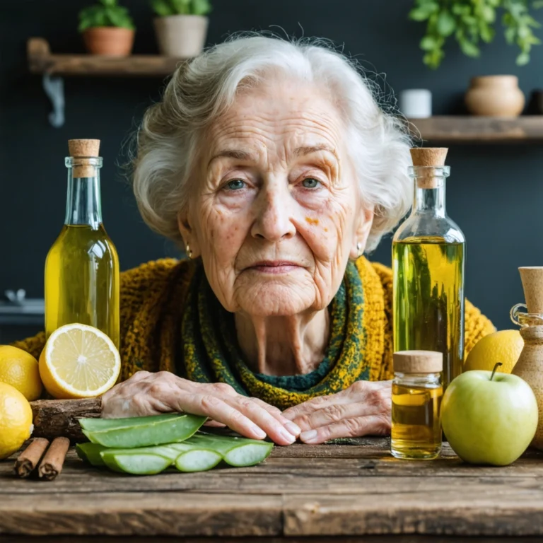 Mains et visage d'une personne âgée avec des taches de vieillesse, entourée d'ingrédients naturels comme citron, aloe vera et huile de ricin.