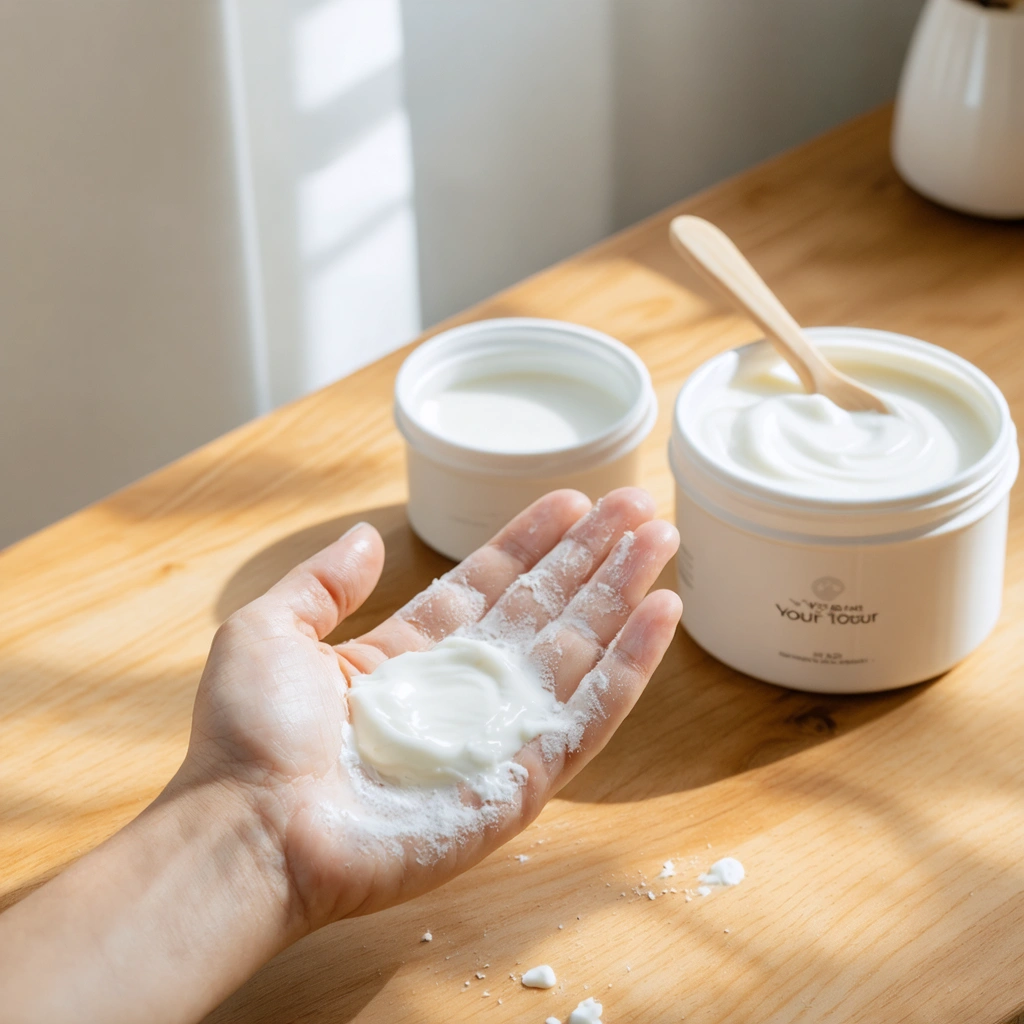 Une main apaisée recouverte de yaourt nature, posée sur une table avec un pot de yaourt ouvert et une cuillère à côté.