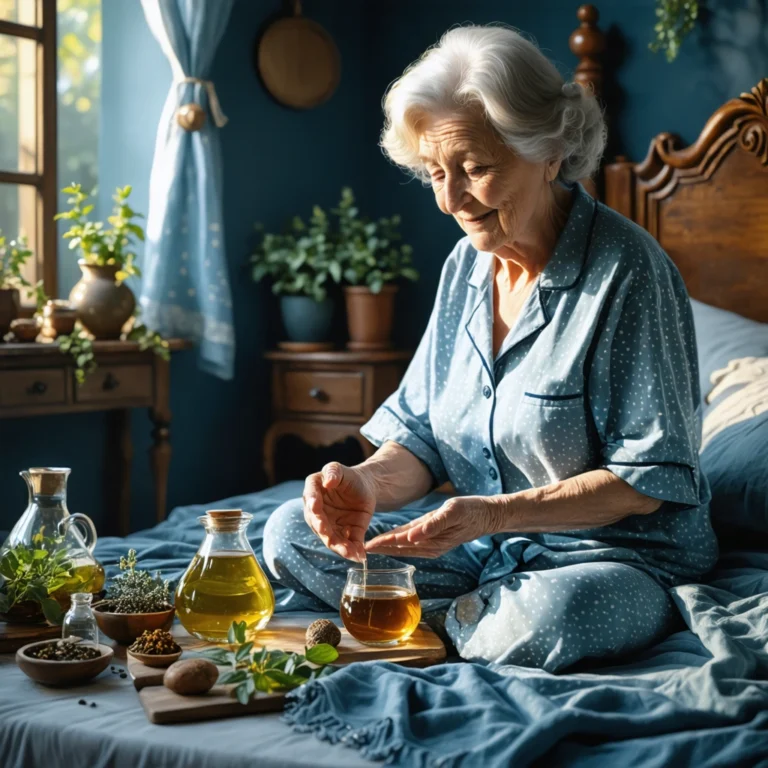 Une grand-mère en pyjama masse ses mains avec de l'huile devant son lit, entourée de tisanes et de remèdes, dans une chambre chaleureuse.