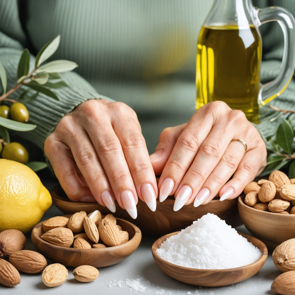 Deux mains âgées avec de beaux ongles sains entourées d’ingrédients naturels comme de l’huile d’olive, du citron et du bicarbonate.