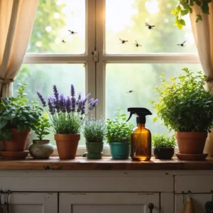 Intérieur d'une maison chaleureuse avec des plantes répulsives comme la lavande et le basilic près des fenêtres, un spray anti-moustique naturel sur une table en bois, et des moustiques à l’extérieur.