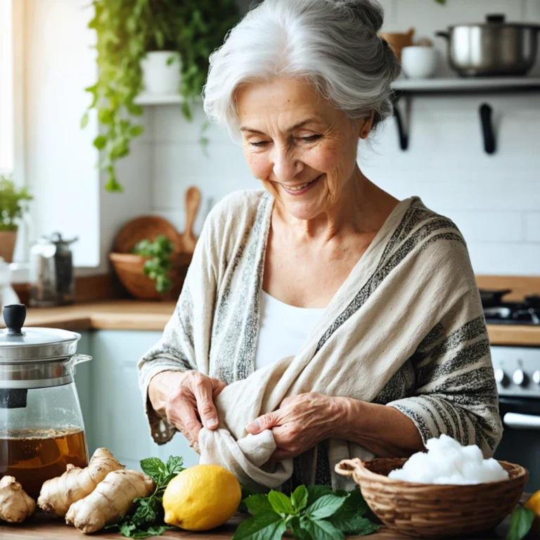 Mamie Colette en train de bander le ventre d'une jeune maman dans une cuisine conviviale, tout en préparant une tisane au gingembre et citron