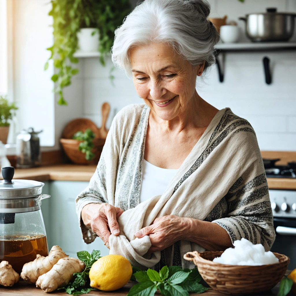 Mamie Colette en train de bander le ventre d'une jeune maman dans une cuisine conviviale, tout en préparant une tisane au gingembre et citron