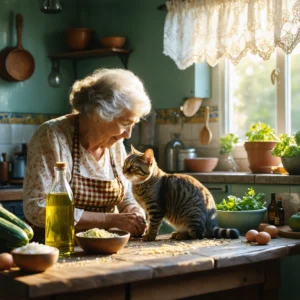 Mamie Colette câline son chat sur une table avec des remèdes naturels comme de l’huile d’olive, une courgette et des bols d’eau fraîche, dans une cuisine chaleureuse.