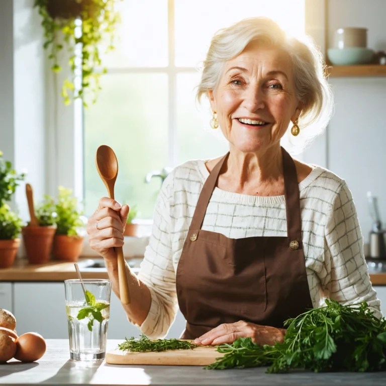 Mamie Colette, une grand-mère souriante, dans sa cuisine, montrant un remède naturel contre la langue blanche avec des plantes et un verre d'eau