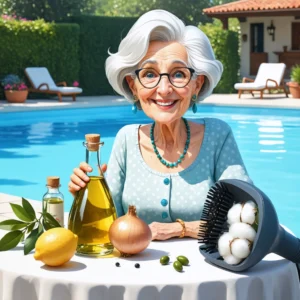 Mamie Colette souriante présentant des remèdes naturels contre l'otite du baigneur, avec huile d'olive, oignon, citron et accessoires de baignade en arrière-plan.