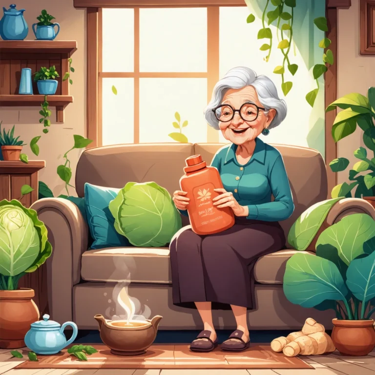 Mamie Colette applique une bouillotte sur son genou dans un salon chaleureux entouré de plantes et de remèdes naturels.