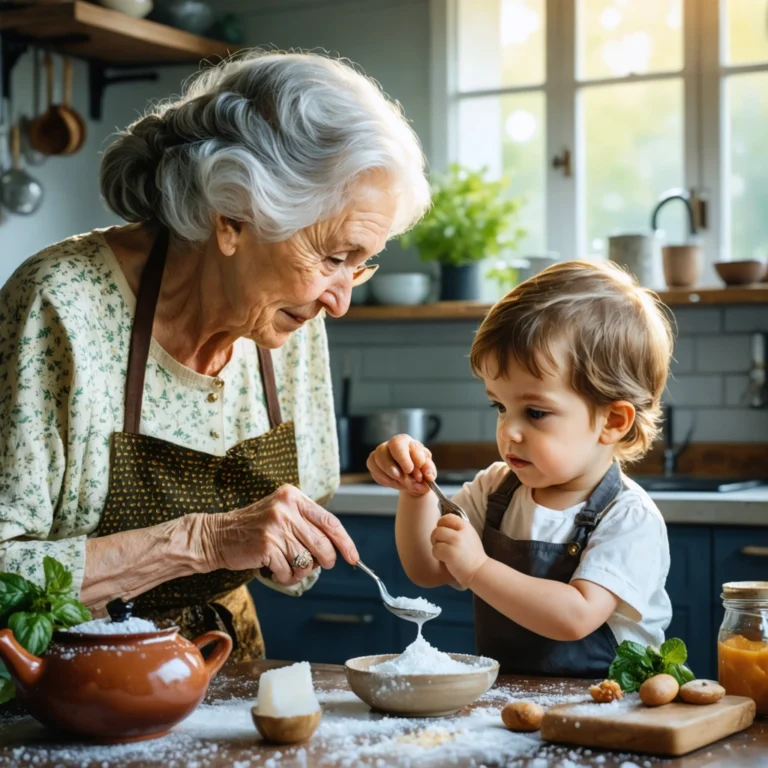 Mamie Colette aide son petit-fils à arrêter un saignement de nez avec un glaçon enveloppé dans un linge, dans une cuisine chaleureuse.