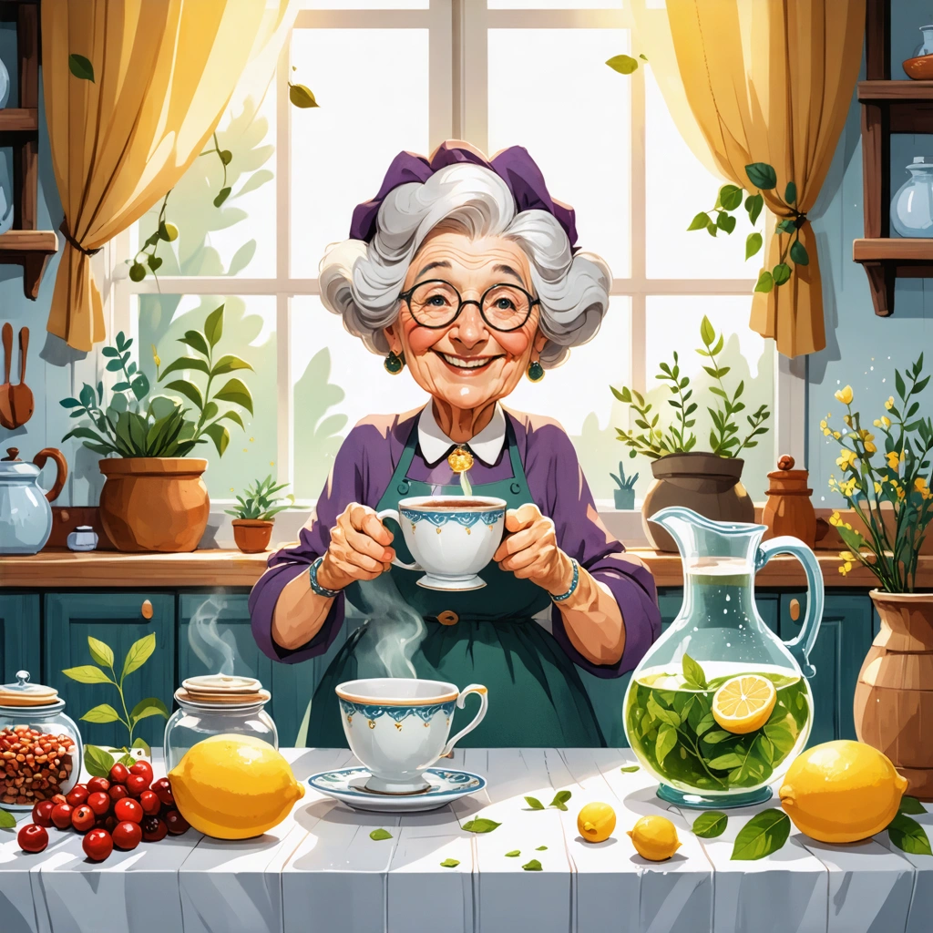 Mamie Colette dans sa cuisine avec un thé, des citrons et des remèdes naturels pour la vessie