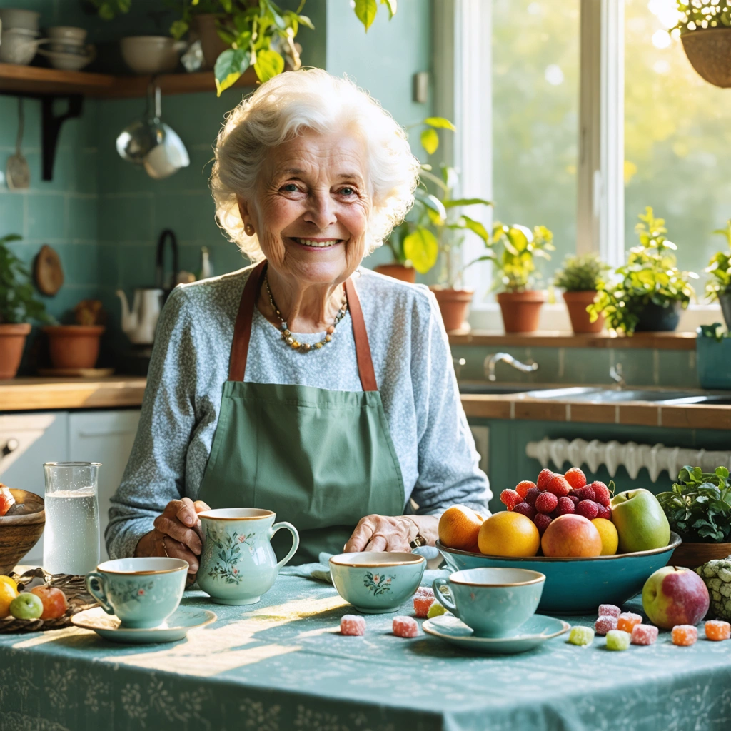 Mamie Colette souriante à sa table, entourée de remèdes naturels contre la bouche sèche comme tisanes, fruits, verre d’eau et bicarbonate.