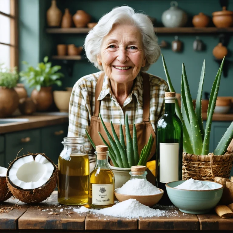 Mamie Colette souriante dans sa cuisine rustique, entourée de remèdes naturels comme l’huile de coco, le bicarbonate, l’aloe vera et un yaourt nature.