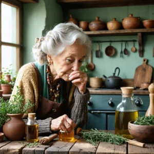 Mamie Colette prépare des remèdes naturels dans sa cuisine, tenant du miel et des herbes, tandis qu’une personne touche son nez douloureux.