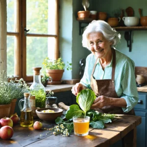 Mamie Colette prépare des remèdes de grand-mère à sa table de cuisine avec du chou, du miel, des tisanes et du vinaigre de cidre.