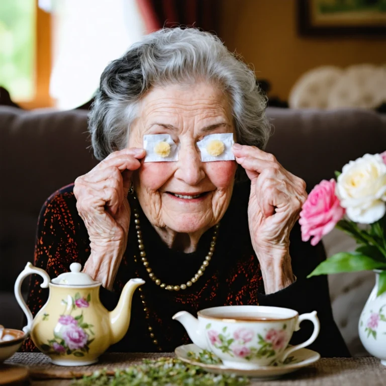 Mamie Colette applique des sachets de thé froids sur ses yeux dans son salon chaleureux, entourée de plantes et de tisanes, pour soulager la fatigue oculaire.
