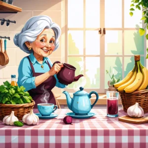 Mamie Colette sert une tisane à base de plantes sur une table de cuisine rustique, entourée d'ingrédients naturels comme l'ail, la betterave et des bananes pour faire baisser la tension.