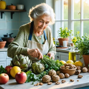Mamie Colette prépare une tisane aux artichauts, pommes et noix sur une table de cuisine chaleureuse, entourée de produits naturels pour faire baisser le cholestérol.