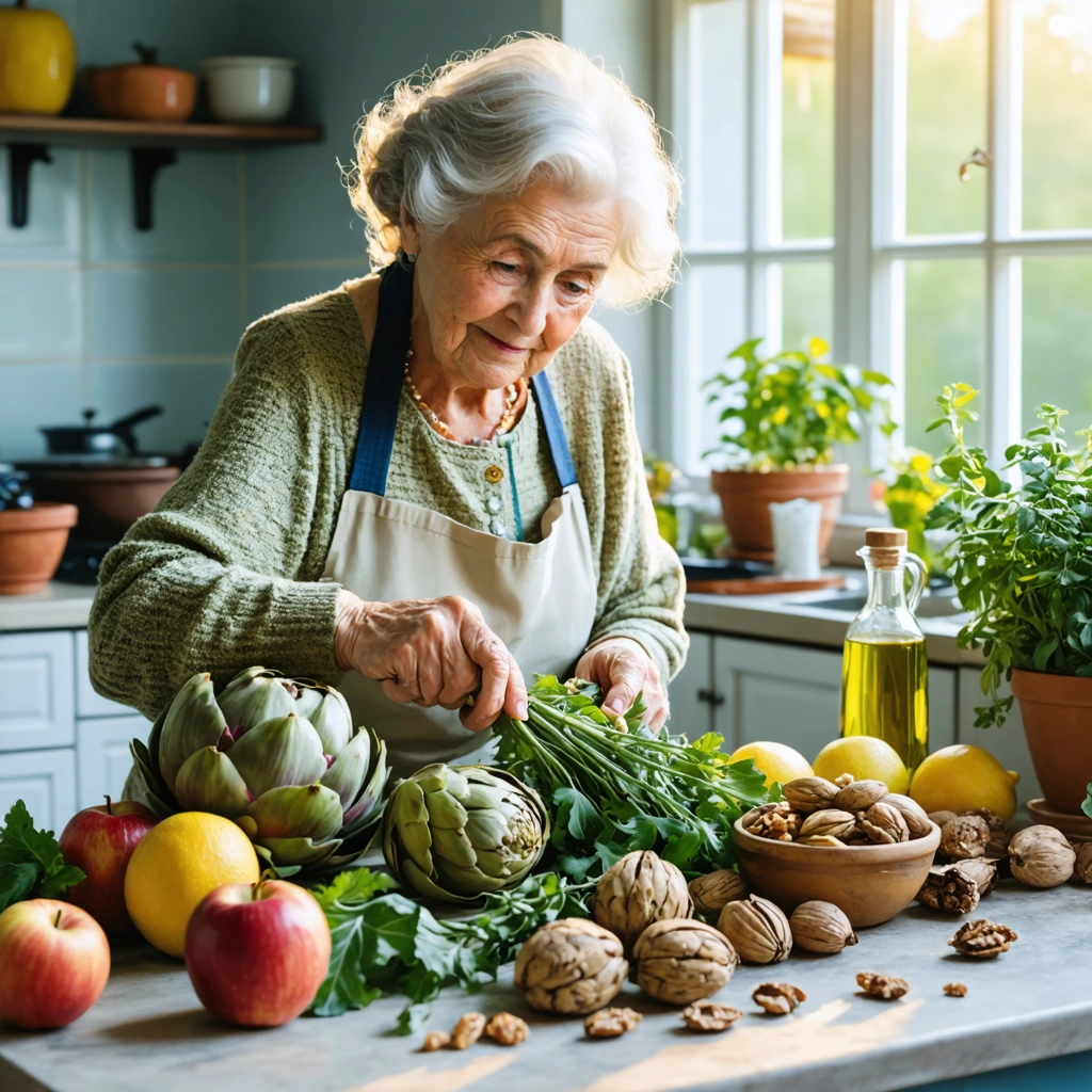 Mamie Colette prépare une tisane aux artichauts, pommes et noix sur une table de cuisine chaleureuse, entourée de produits naturels pour faire baisser le cholestérol.
