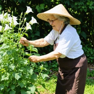 Une mamie souriante dans un jardin ensoleillé, retirant à la main du liseron qui envahit ses plantations.