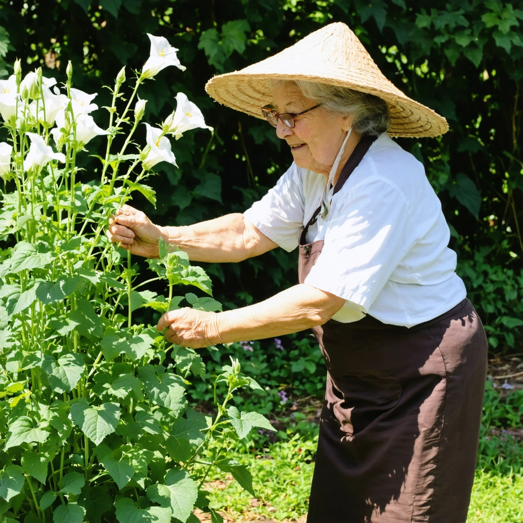 Une mamie souriante dans un jardin ensoleillé, retirant à la main du liseron qui envahit ses plantations.