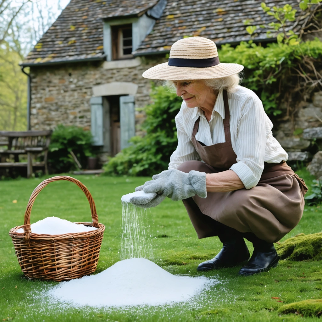 Mamie Colette, une grand-mère souriante avec un chapeau de paille, répand du bicarbonate de soude sur une pelouse remplie de mousse, panier en osier à ses pieds.