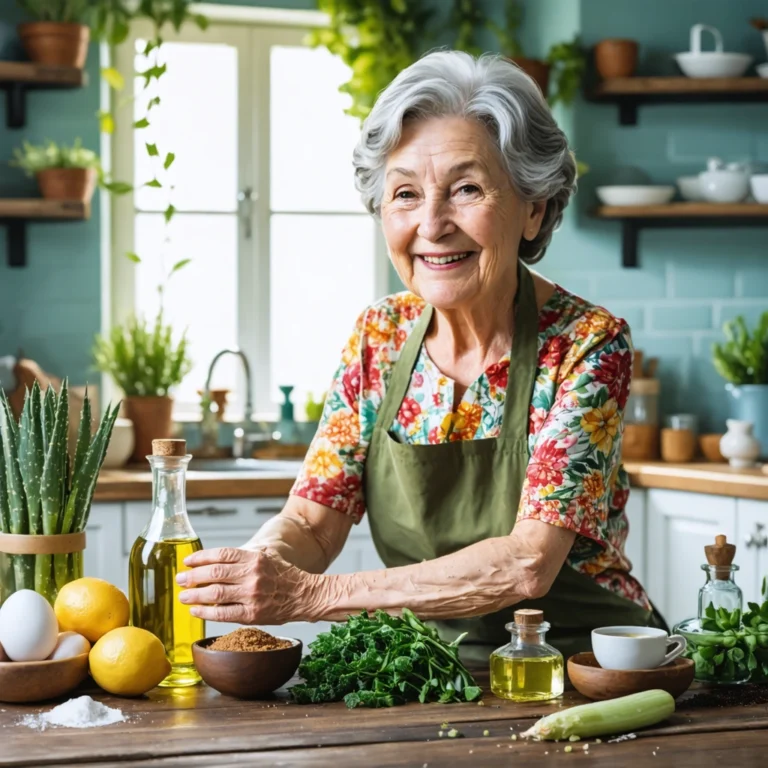 Mamie Colette masse ses bras avec de l'huile d'olive dans sa cuisine, entourée de remèdes naturels et d'ingrédients maison.