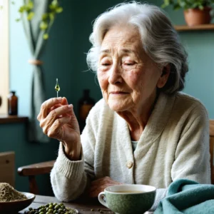 Mamie appliquant de l'huile d'olive sur ses paupières pour apaiser l'eczéma, entourée de remèdes naturels.