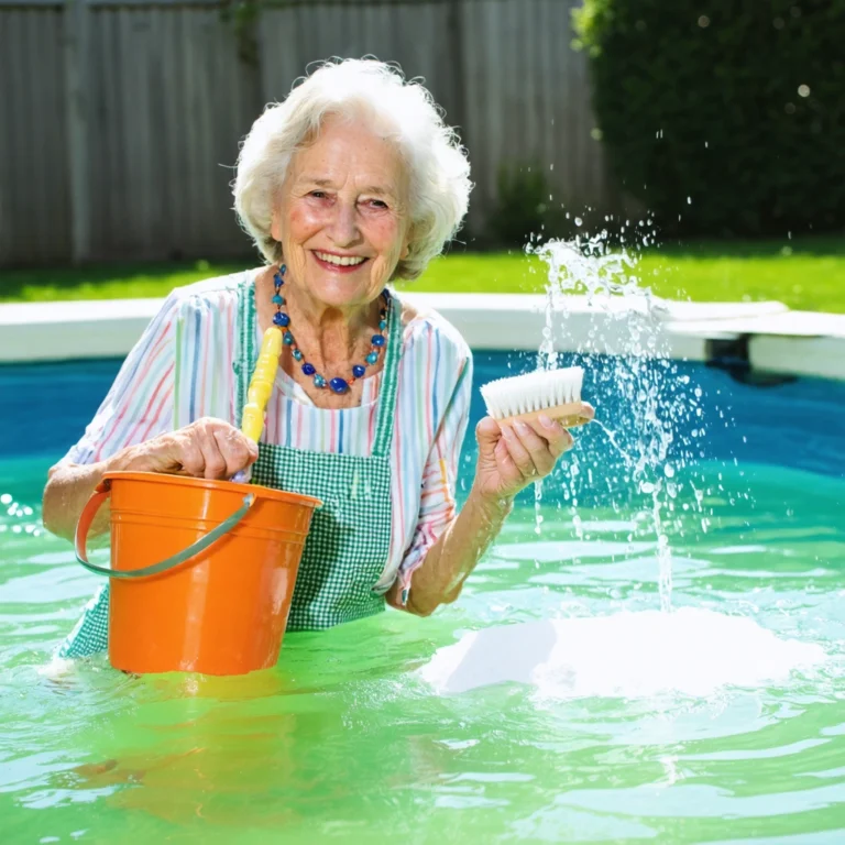 Mamie Colette, une femme âgée souriante, près d'une piscine au fond vert, verse du bicarbonate pour nettoyer l'eau, dans un jardin ensoleillé.