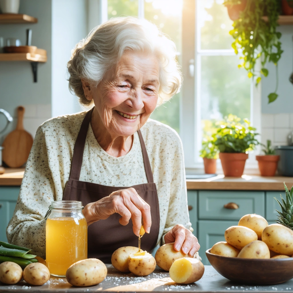 Mamie Colette applique une rondelle de pomme de terre sur une brûlure au doigt dans sa cuisine ensoleillée, entourée de miel, aloe vera et pommes de terre.