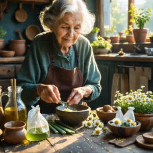 Mamie Colette prépare un remède naturel à base de camomille, aloe vera et sachets de thé sur une table en bois ensoleillée.
