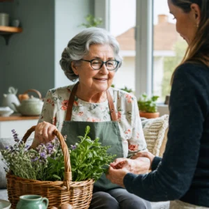 Mamie Colette prépare un remède de grand-mère pour soulager la cruralgie d'une personne dans un salon chaleureux.